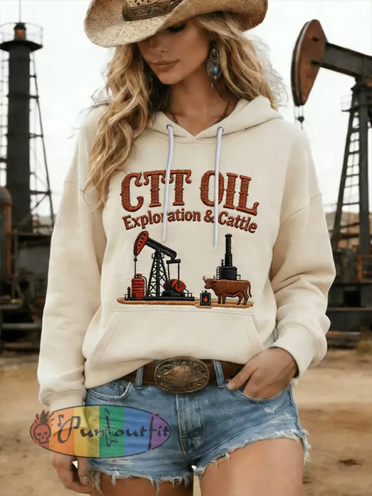 Women’s Retro CTT Oil Exploration & Cattle Print Casual Hoodie