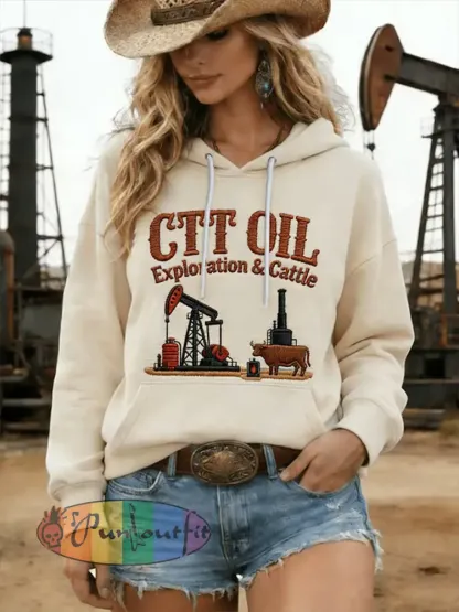 Women’s Retro CTT Oil Exploration & Cattle Print Casual Hoodie