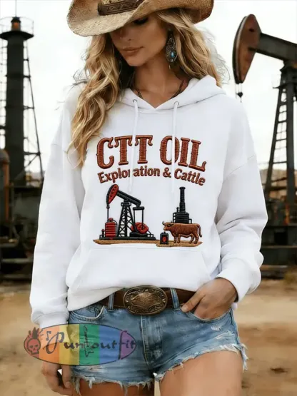Women’s Retro CTT Oil Exploration & Cattle Print Casual Hoodie