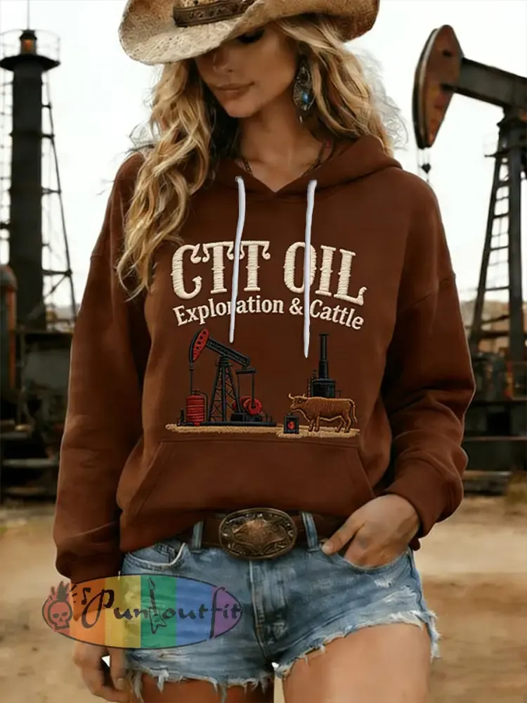 Women’s Retro CTT Oil Exploration & Cattle Print Casual Hoodie