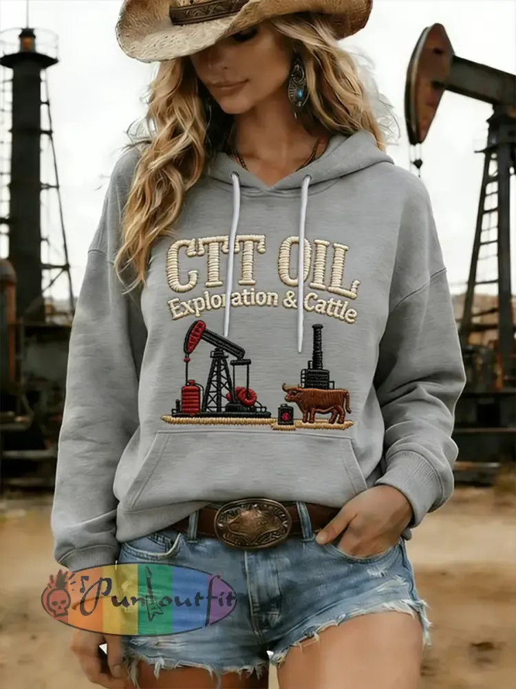 Women’s Retro CTT Oil Exploration & Cattle Print Casual Hoodie
