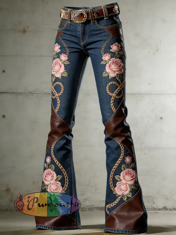 Women’s Western Flowers Art Print Flared Trousers