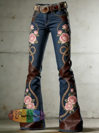 Women’s Western Flowers Art Print Flared Trousers