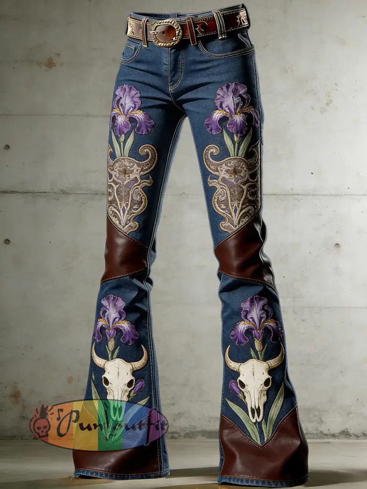 Women’s Western Flowers Art Print Flared Trousers