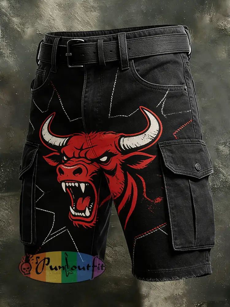 Men’s Retro Vacation Business Art Western Bull Head Animal Print Casual Shorts
