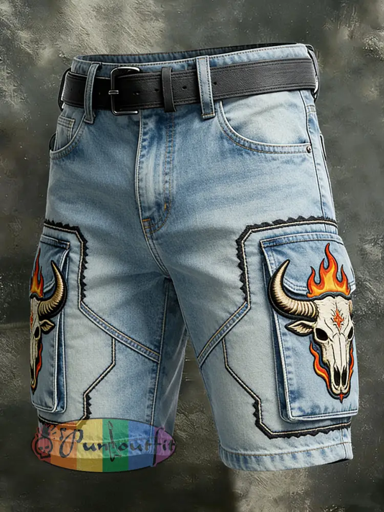 Men’s Retro Vacation Business Art Western Bull Head Animal Print Casual Shorts