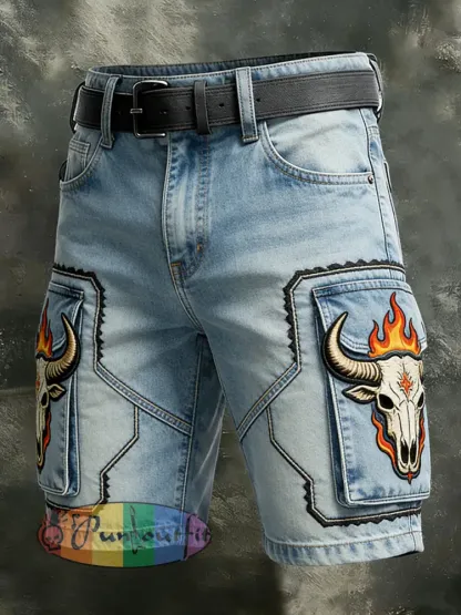 Men’s Retro Vacation Business Art Western Bull Head Animal Print Casual Shorts