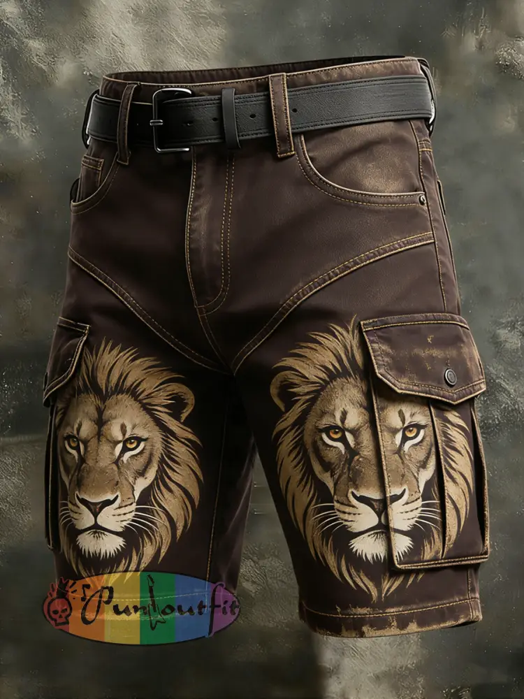 Men’s Retro Vacation Business Art Lion Animal Print Casual Shorts