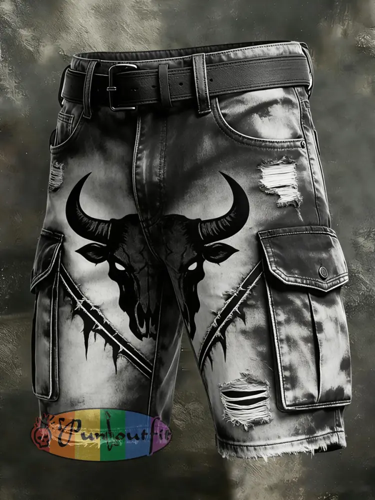 Men’s Retro Vacation Business Art Western Bull Head Animal Print Casual Shorts