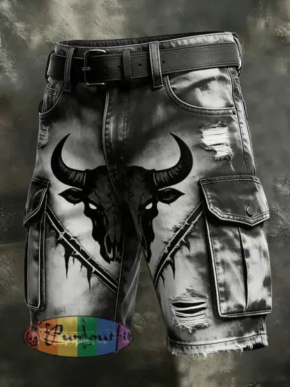 Men’s Retro Vacation Business Art Western Bull Head Animal Print Casual Shorts