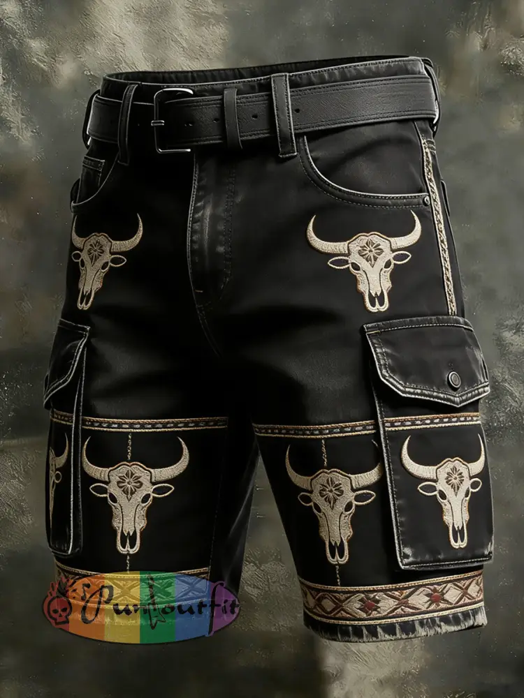 Men’s Retro Vacation Business Art Western Bull Head Animal Print Casual Shorts
