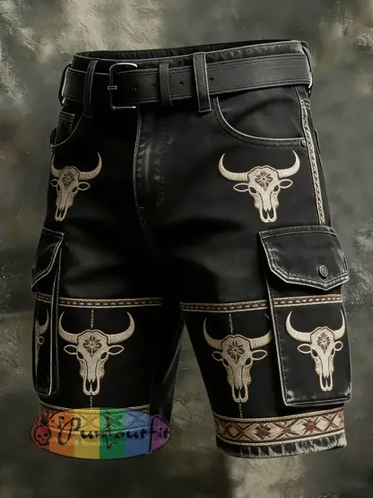 Men’s Retro Vacation Business Art Western Bull Head Animal Print Casual Shorts