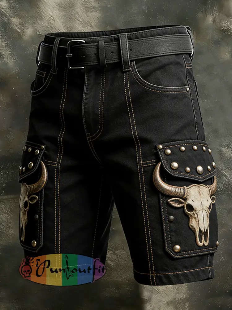 Men’s Retro Vacation Business Art Western Bull Head Animal Print Casual Shorts