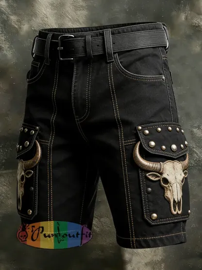 Men’s Retro Vacation Business Art Western Bull Head Animal Print Casual Shorts