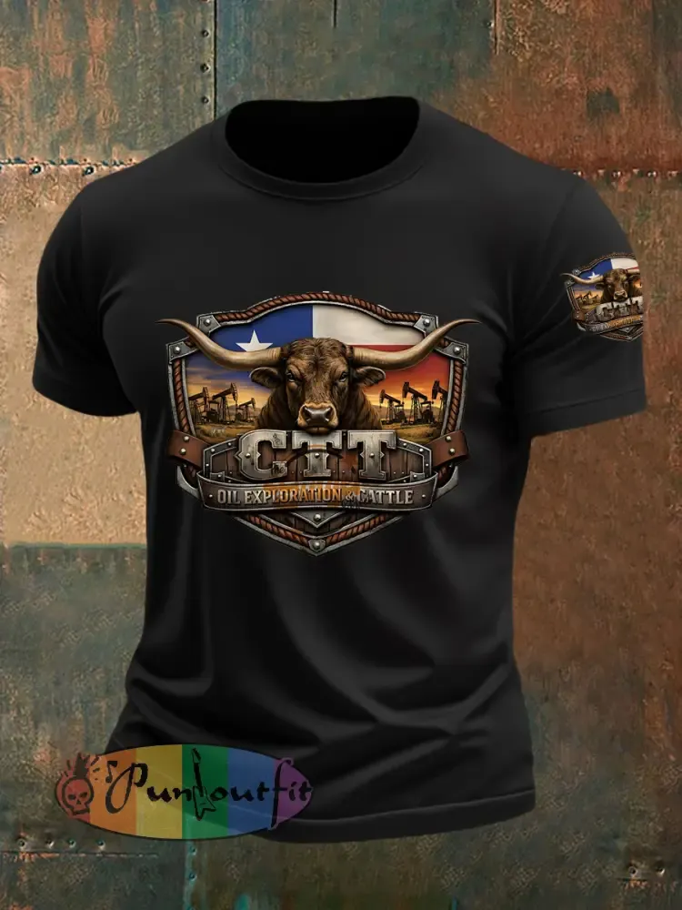 Men’s Retro CTT Oil Exploration & Cattle Print Casual Tee