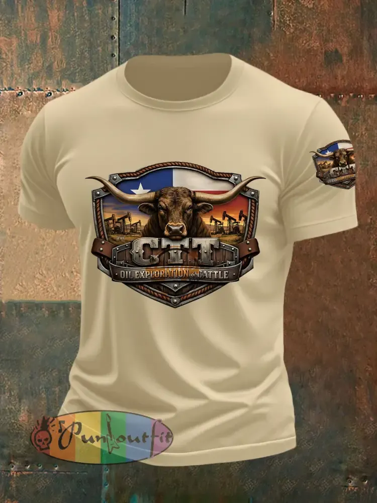 Men’s Retro CTT Oil Exploration & Cattle Print Casual Tee