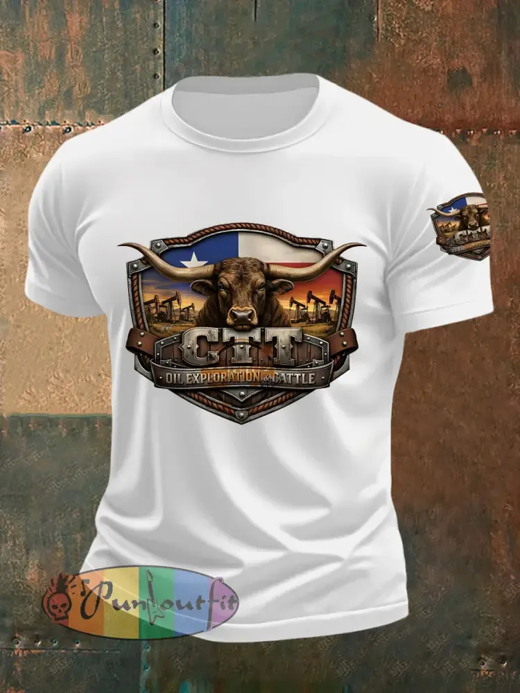 Men’s Retro CTT Oil Exploration & Cattle Print Casual Tee
