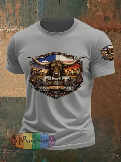 Men’s Retro CTT Oil Exploration & Cattle Print Casual Tee