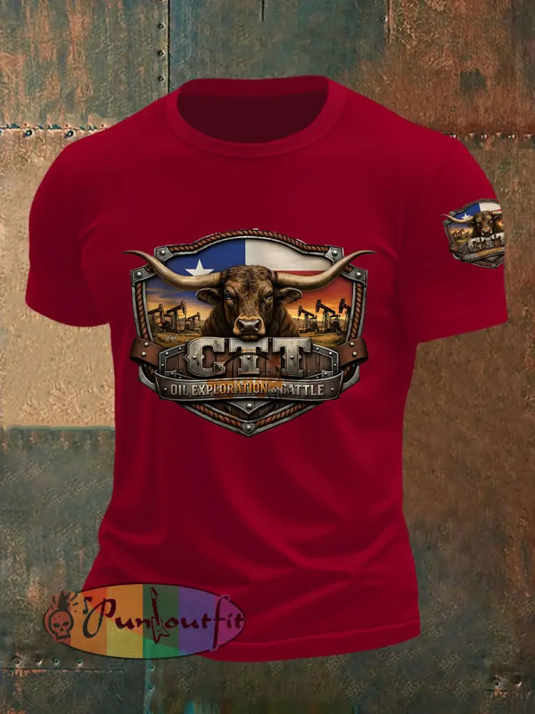Men’s Retro CTT Oil Exploration & Cattle Print Casual Tee