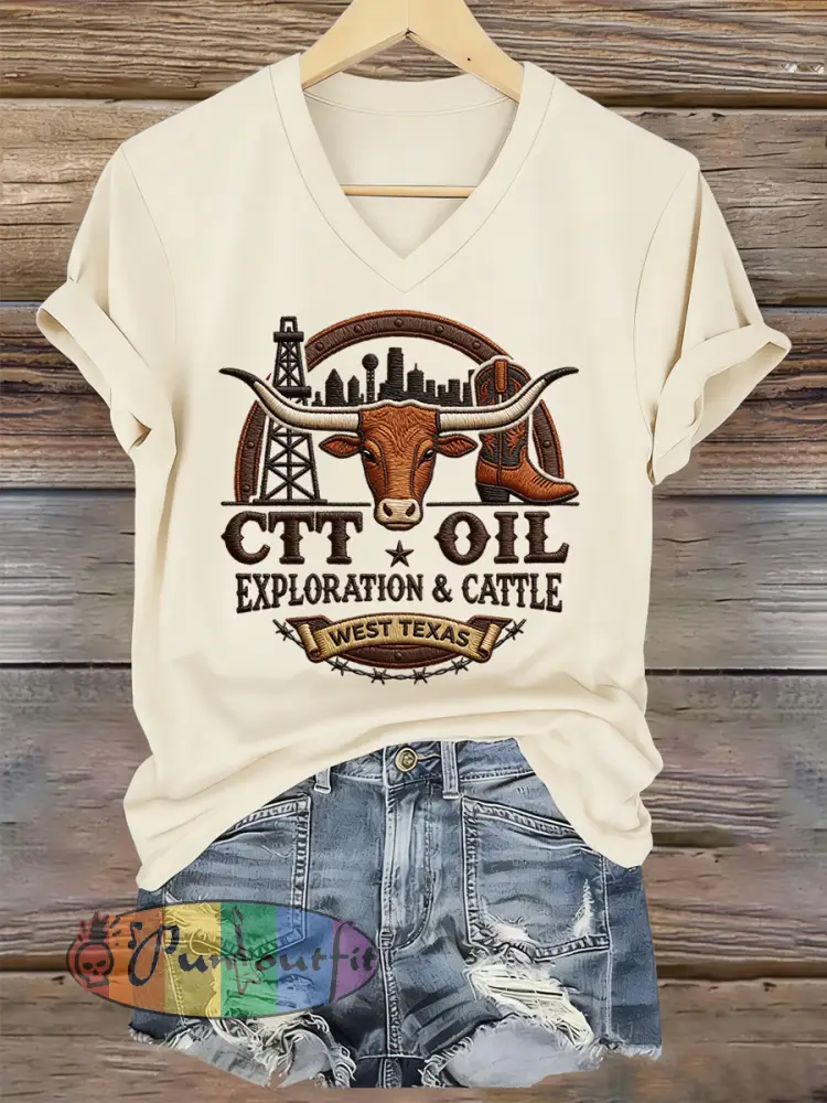 Women’s Retro CTT Oil Exploration & Cattle Print Casual V-Neck Tee