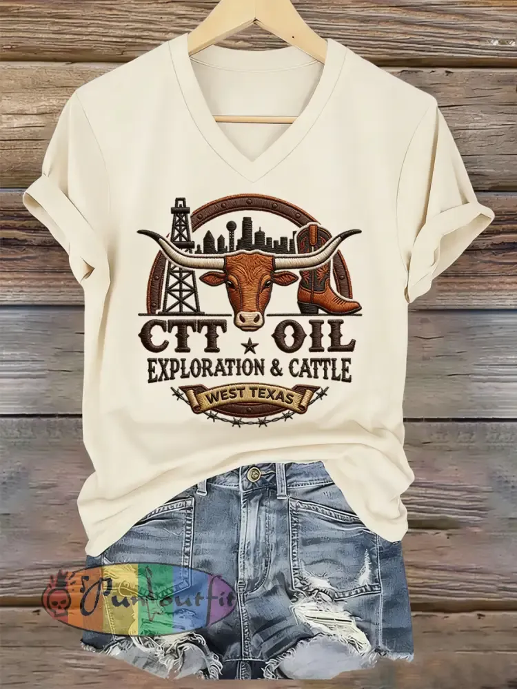 Women’s Retro CTT Oil Exploration & Cattle Print Casual V-Neck Tee
