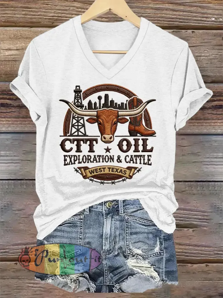 Women’s Retro CTT Oil Exploration & Cattle Print Casual V-Neck Tee