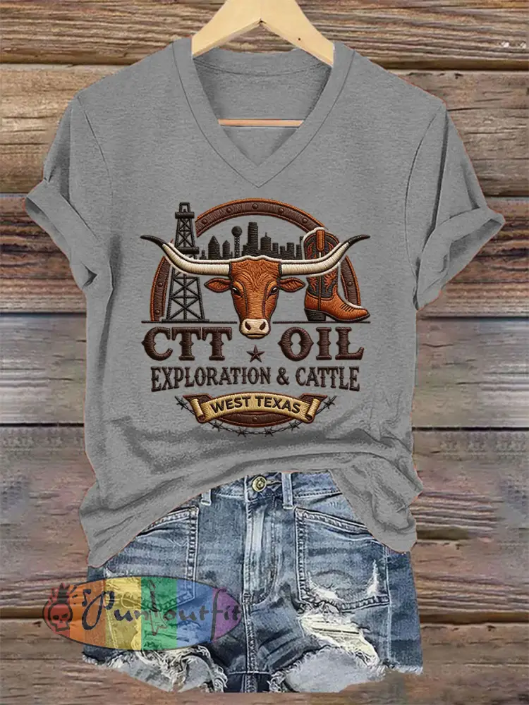 Women’s Retro CTT Oil Exploration & Cattle Print Casual V-Neck Tee