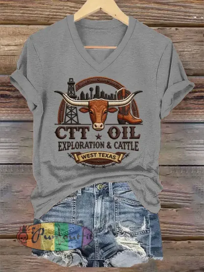 Women’s Retro CTT Oil Exploration & Cattle Print Casual V-Neck Tee