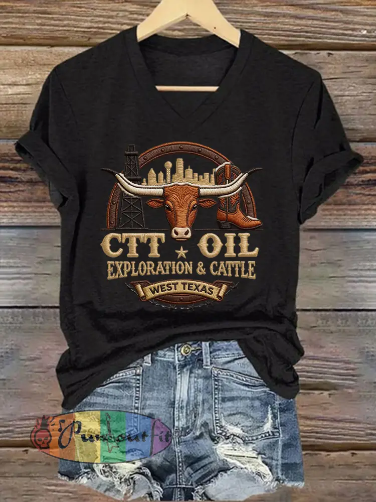 Women’s Retro CTT Oil Exploration & Cattle Print Casual V-Neck Tee