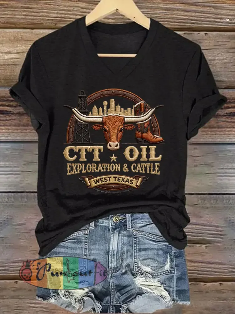 Women’s Retro CTT Oil Exploration & Cattle Print Casual V-Neck Tee