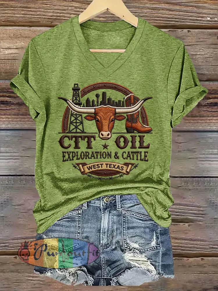 Women’s Retro CTT Oil Exploration & Cattle Print Casual V-Neck Tee