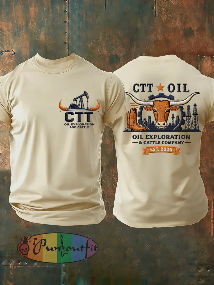 Men’s Retro CTT Oil Exploration & Cattle Print Casual Tee