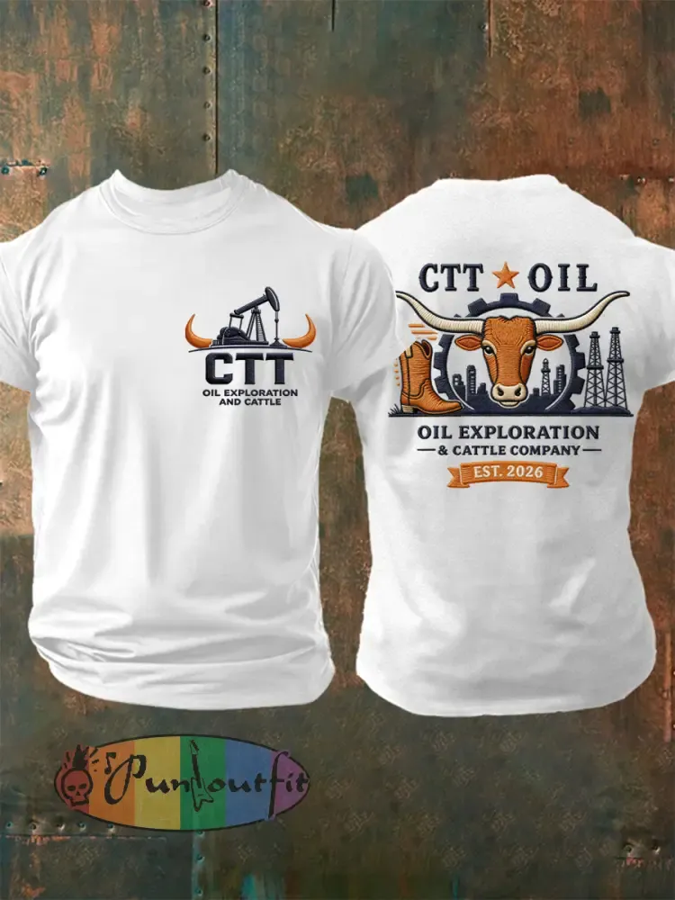 Men’s Retro CTT Oil Exploration & Cattle Print Casual Tee