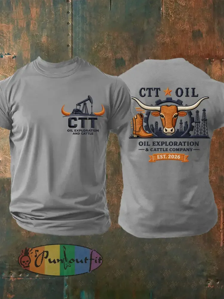 Men’s Retro CTT Oil Exploration & Cattle Print Casual Tee