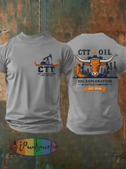 Men’s Retro CTT Oil Exploration & Cattle Print Casual Tee