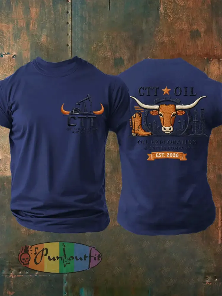 Men’s Retro CTT Oil Exploration & Cattle Print Casual Tee