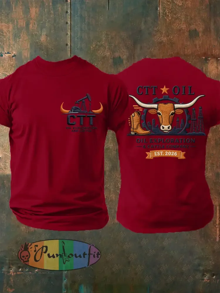 Men’s Retro CTT Oil Exploration & Cattle Print Casual Tee