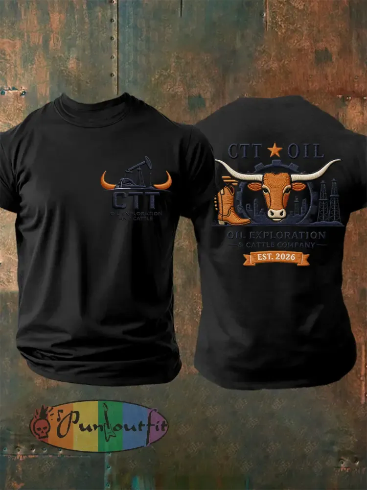 Men’s Retro CTT Oil Exploration & Cattle Print Casual Tee