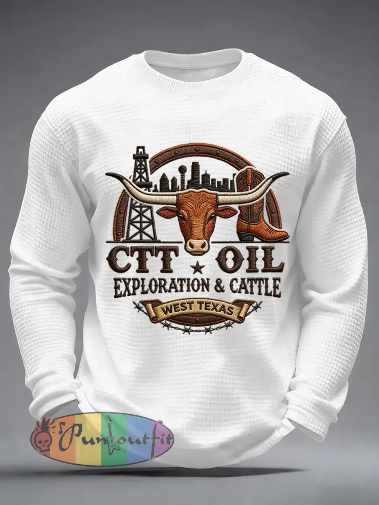 Men’s Retro CTT Oil Exploration & Cattle Print Casual Waffle Long Sleeve T-Shirt