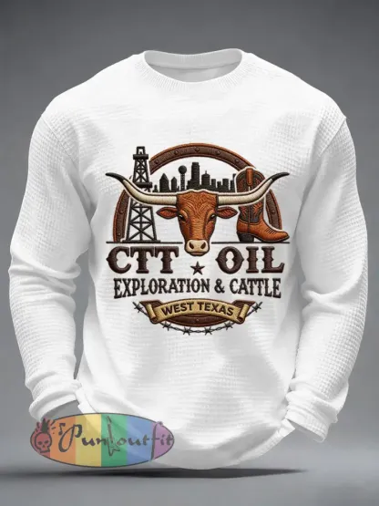 Men’s Retro CTT Oil Exploration & Cattle Print Casual Waffle Long Sleeve T-Shirt