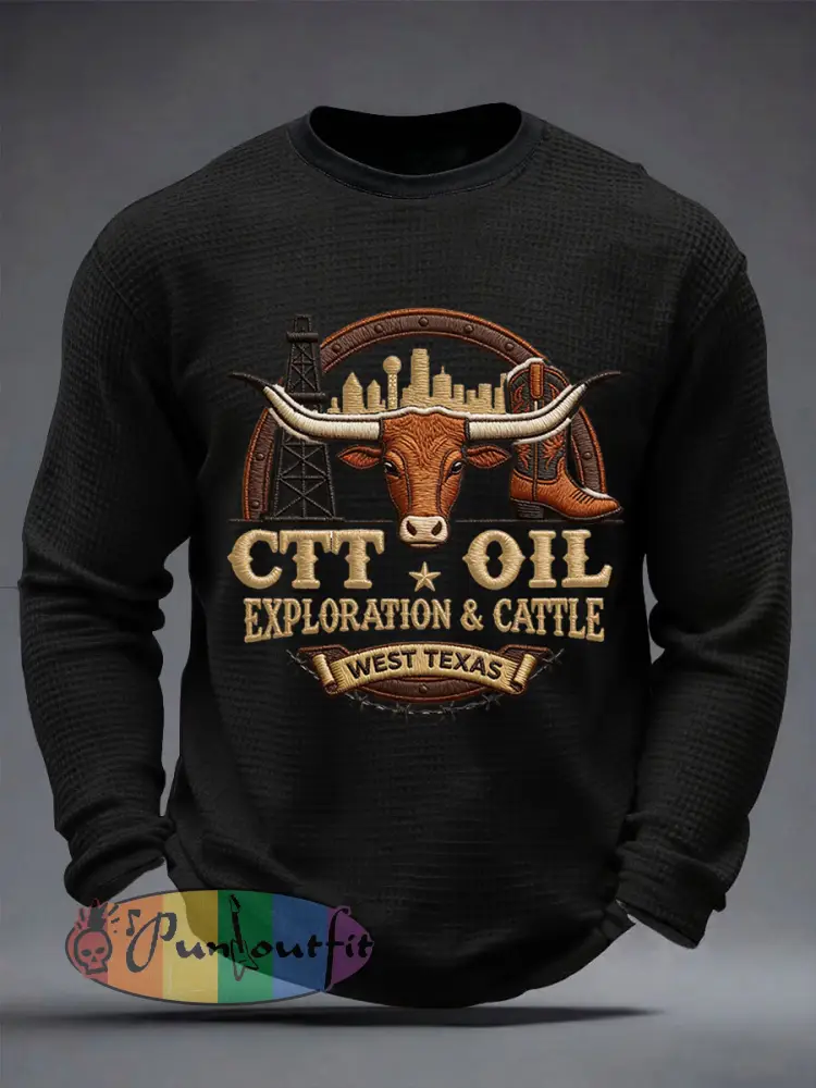 Men’s Retro CTT Oil Exploration & Cattle Print Casual Waffle Long Sleeve T-Shirt