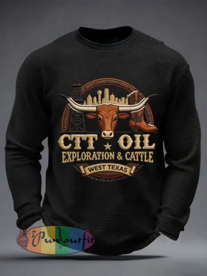 Men’s Retro CTT Oil Exploration & Cattle Print Casual Waffle Long Sleeve T-Shirt
