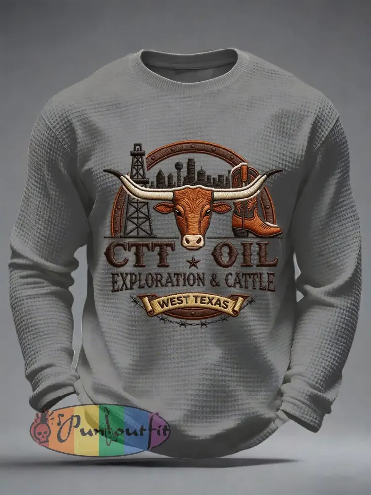 Men’s Retro CTT Oil Exploration & Cattle Print Casual Waffle Long Sleeve T-Shirt