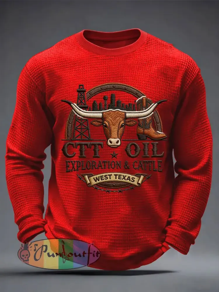 Men’s Retro CTT Oil Exploration & Cattle Print Casual Waffle Long Sleeve T-Shirt