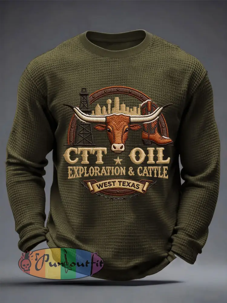 Men’s Retro CTT Oil Exploration & Cattle Print Casual Waffle Long Sleeve T-Shirt