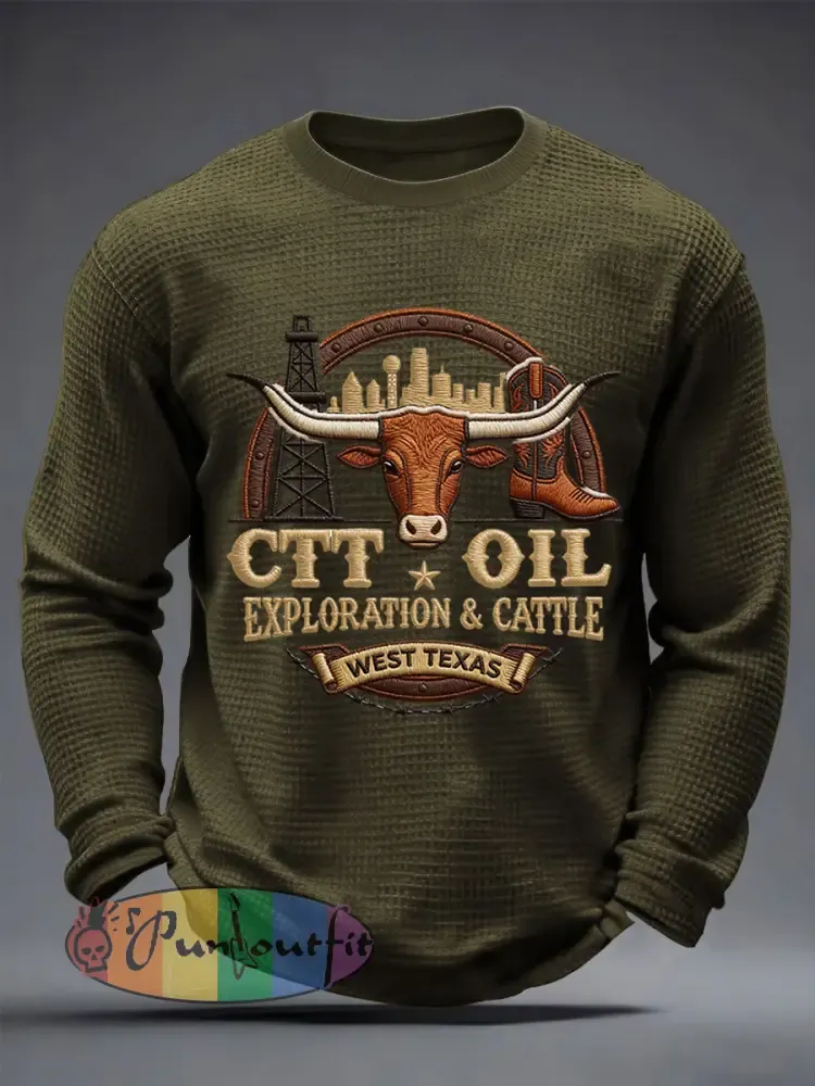 Men’s Retro CTT Oil Exploration & Cattle Print Casual Waffle Long Sleeve T-Shirt