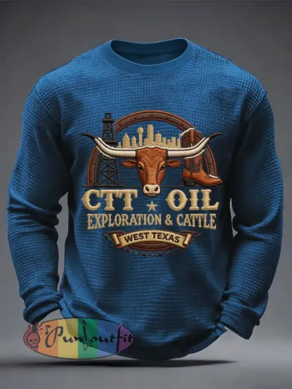 Men’s Retro CTT Oil Exploration & Cattle Print Casual Waffle Long Sleeve T-Shirt