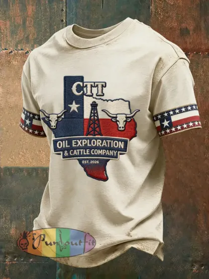 Men’s Retro CTT Oil Exploration & Cattle Print Casual Tee