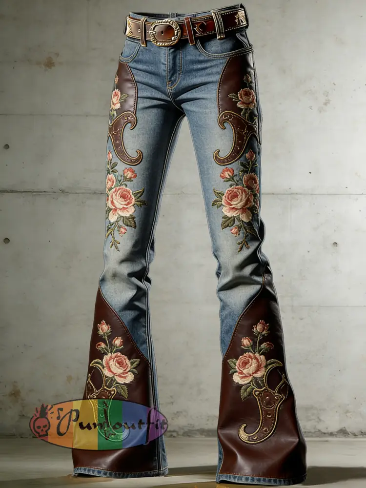 Women’s Western Flowers Art Print Flared Trousers