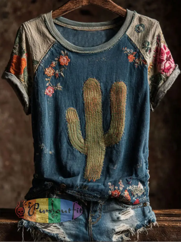 Women’s Vintage Cactus Flowers Round Neck Short Sleeve T-shirt
